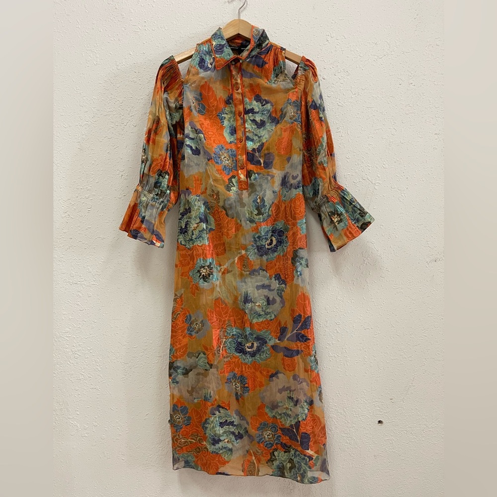 RARE HEMANT & NANDITA Orange Blue Floral Silk Cold Shoulder Midi Dress Small